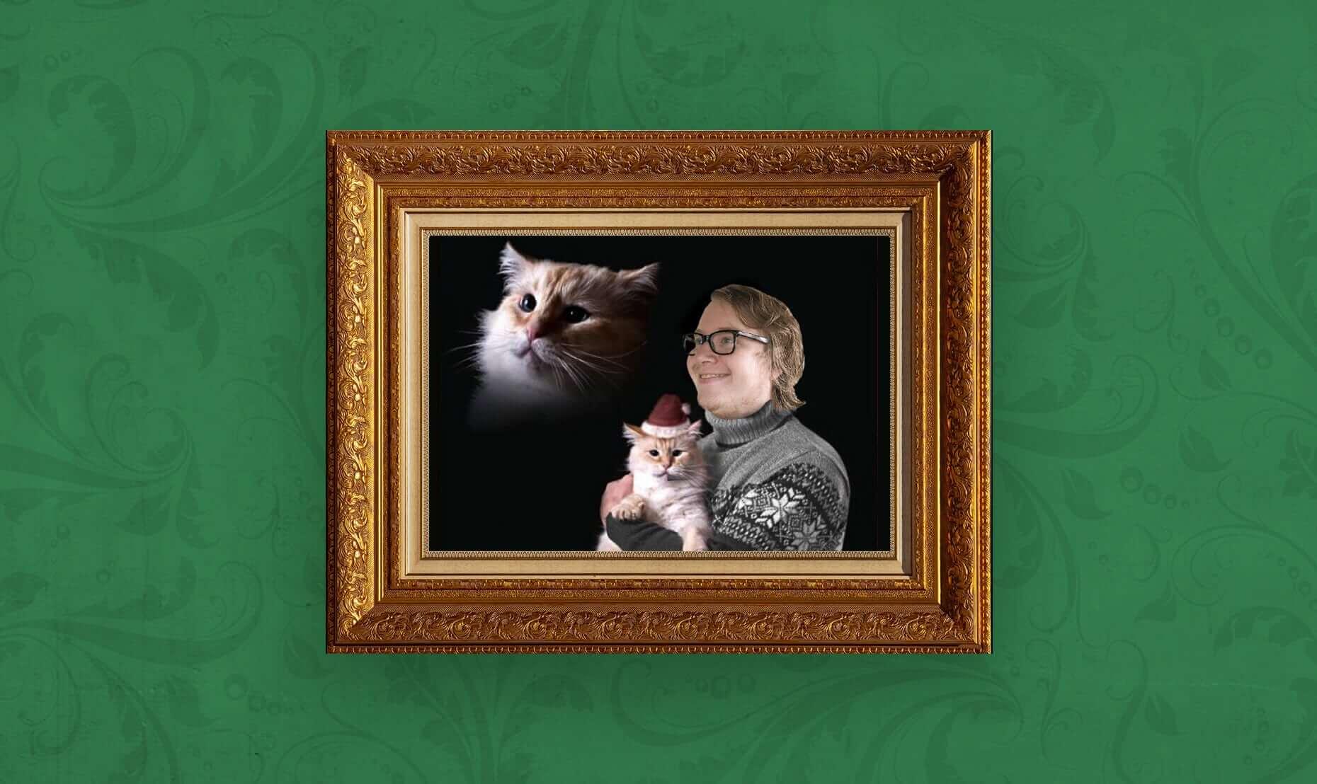Een oubollige foto van Aaron die een kat vasthoudt
