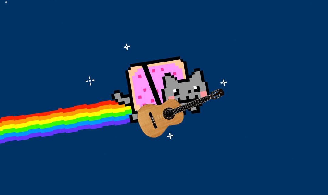 Pixel Nyan kat vliegt door de ruimte met een gitaar