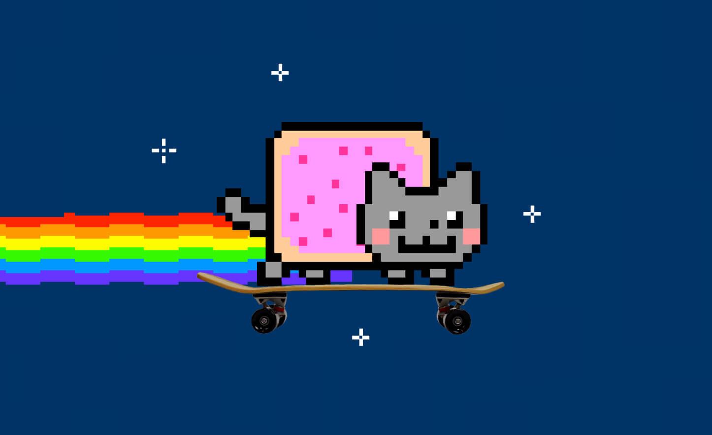 Pixel Nyan kat vliegt door de ruimte op een skateboard