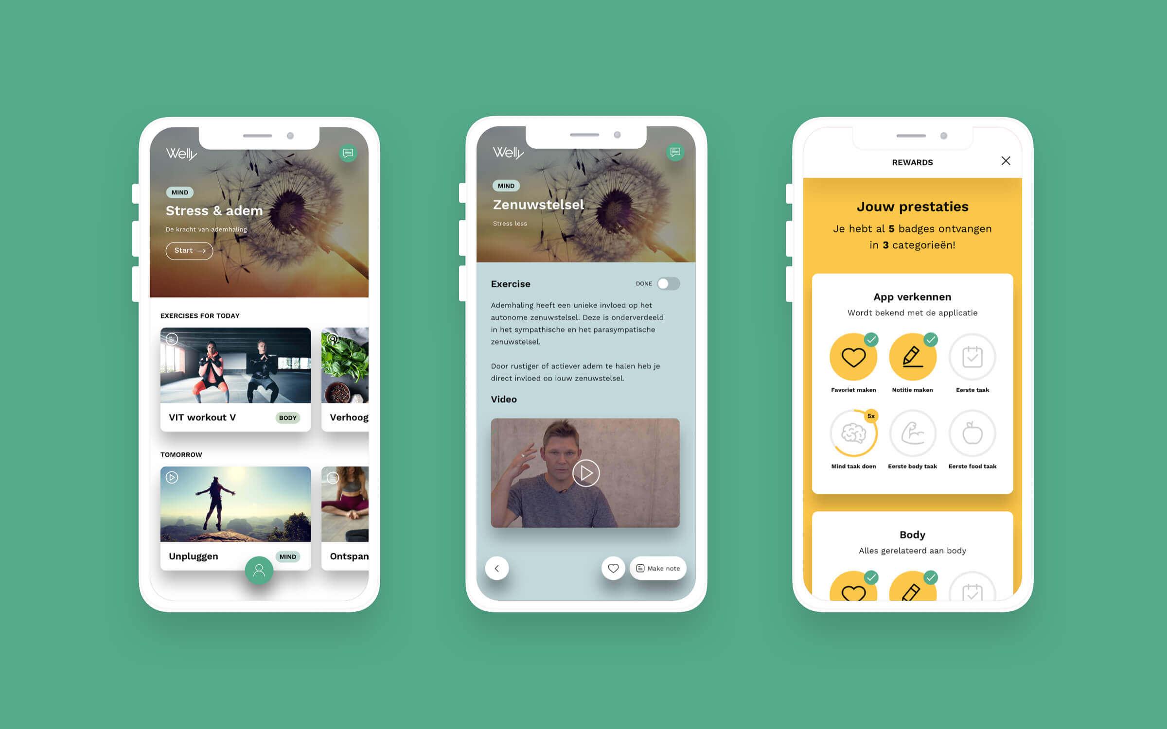 Drie telefoons met daarop verschillende screenshots van de Welly app