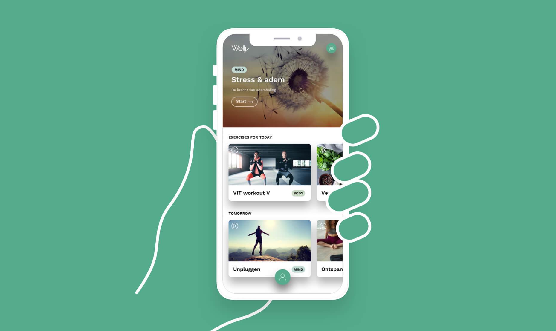 Geïllustreerde telefoon en hand, met een afbeelding van de Welly applicatie getoond.