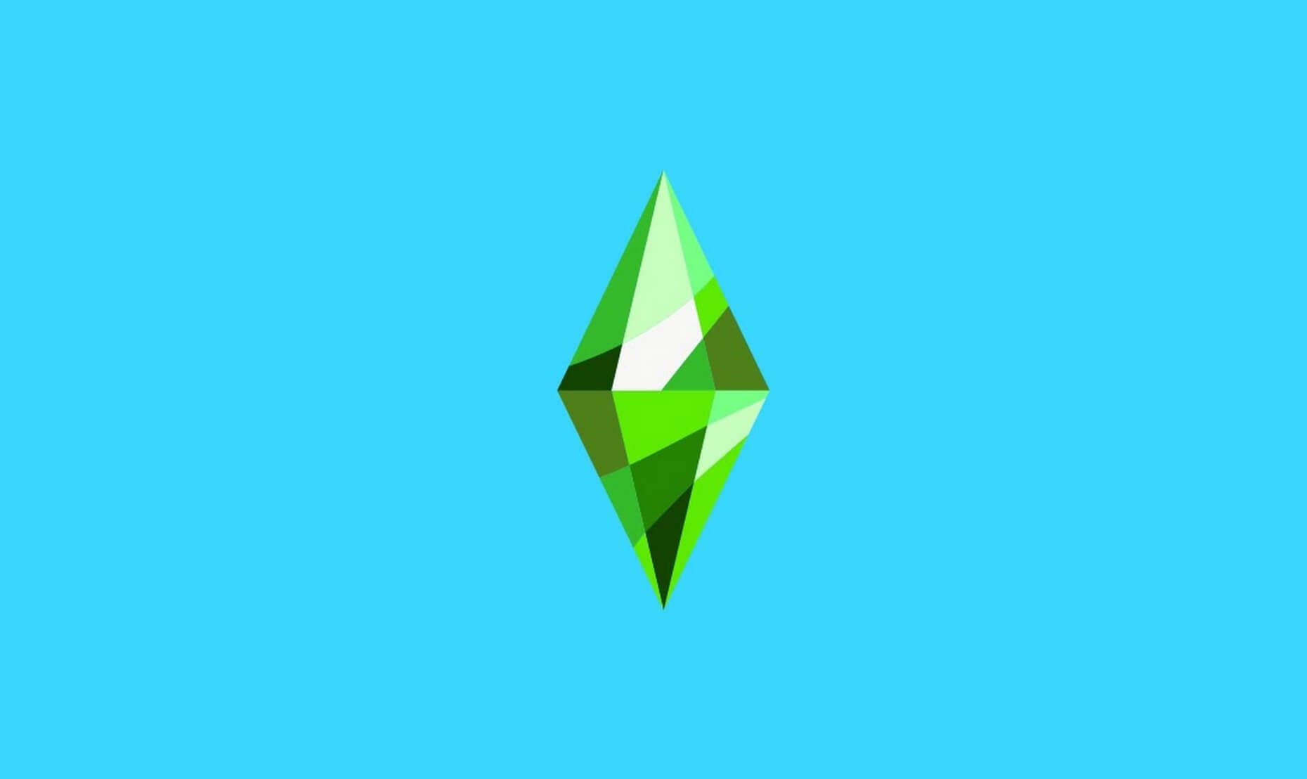 Groene "The Sims" stijl diamant op een blauwe achtergrond