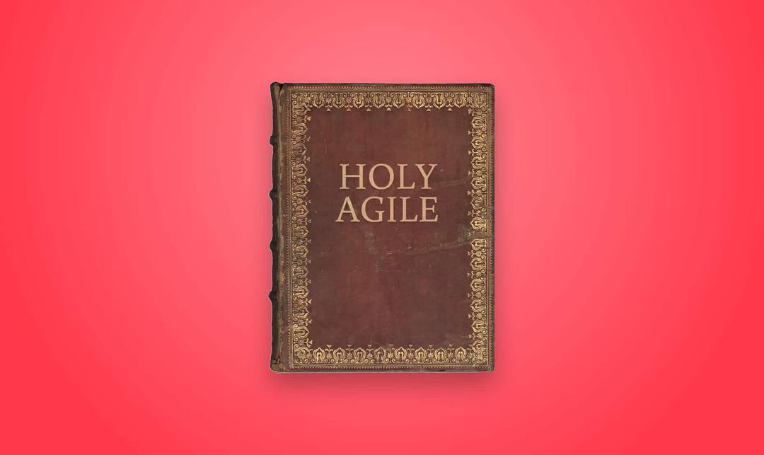 Afbeelding van een antiek leergebonden boek, met als titel "Holy Agile"