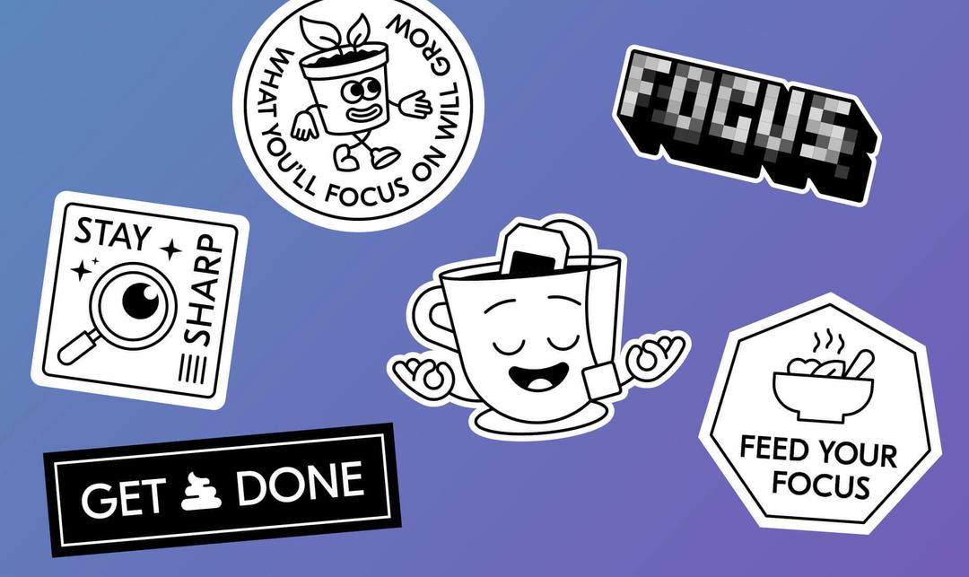 An assortment of stylized "Focus" themed stickers.