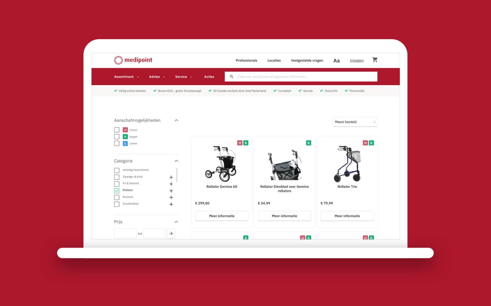 Afbeelding van het Medipoint platform, filterpagina voor rollators