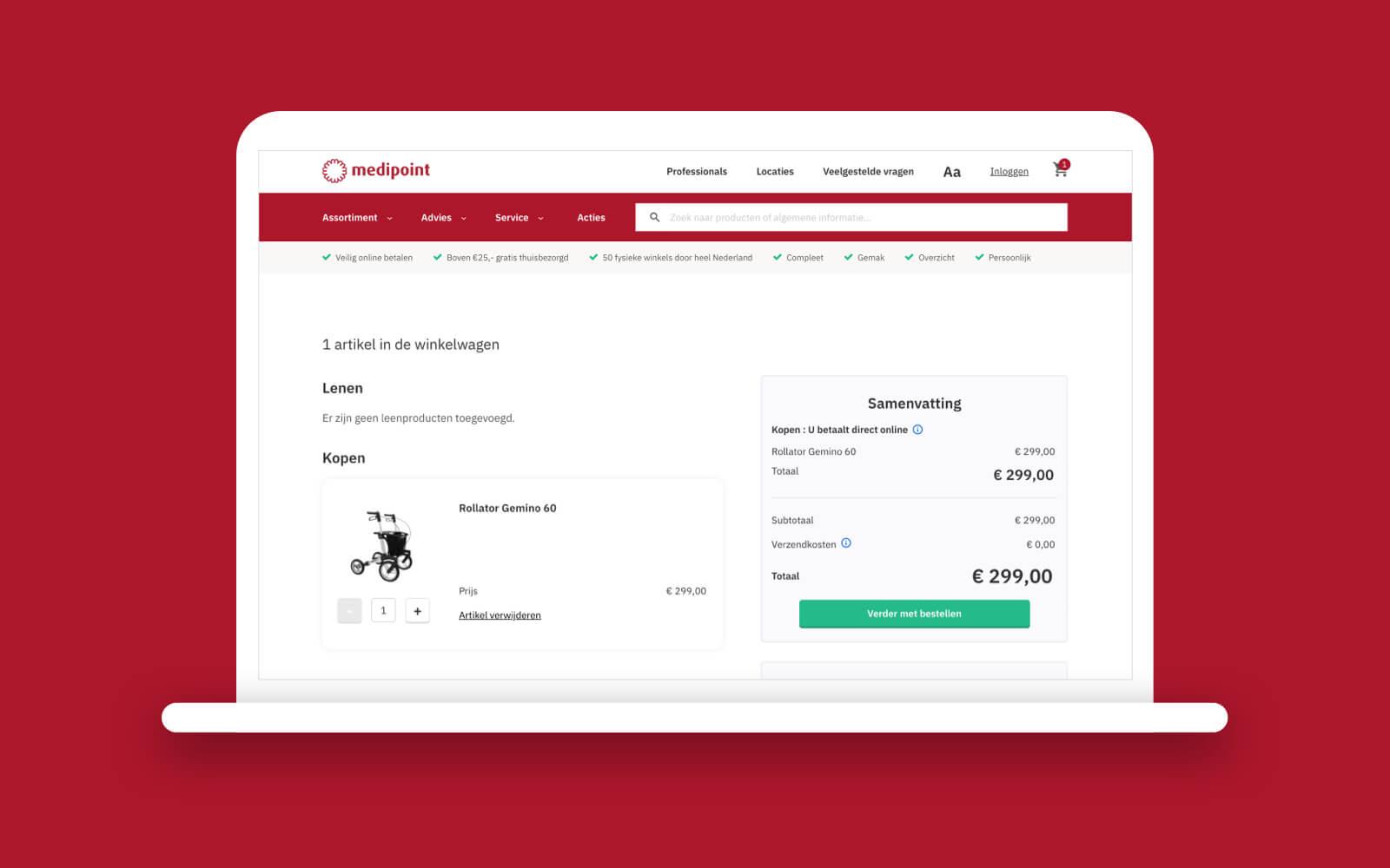 Afbeelding van het Medipoint platform, bestelpagina van een rollator